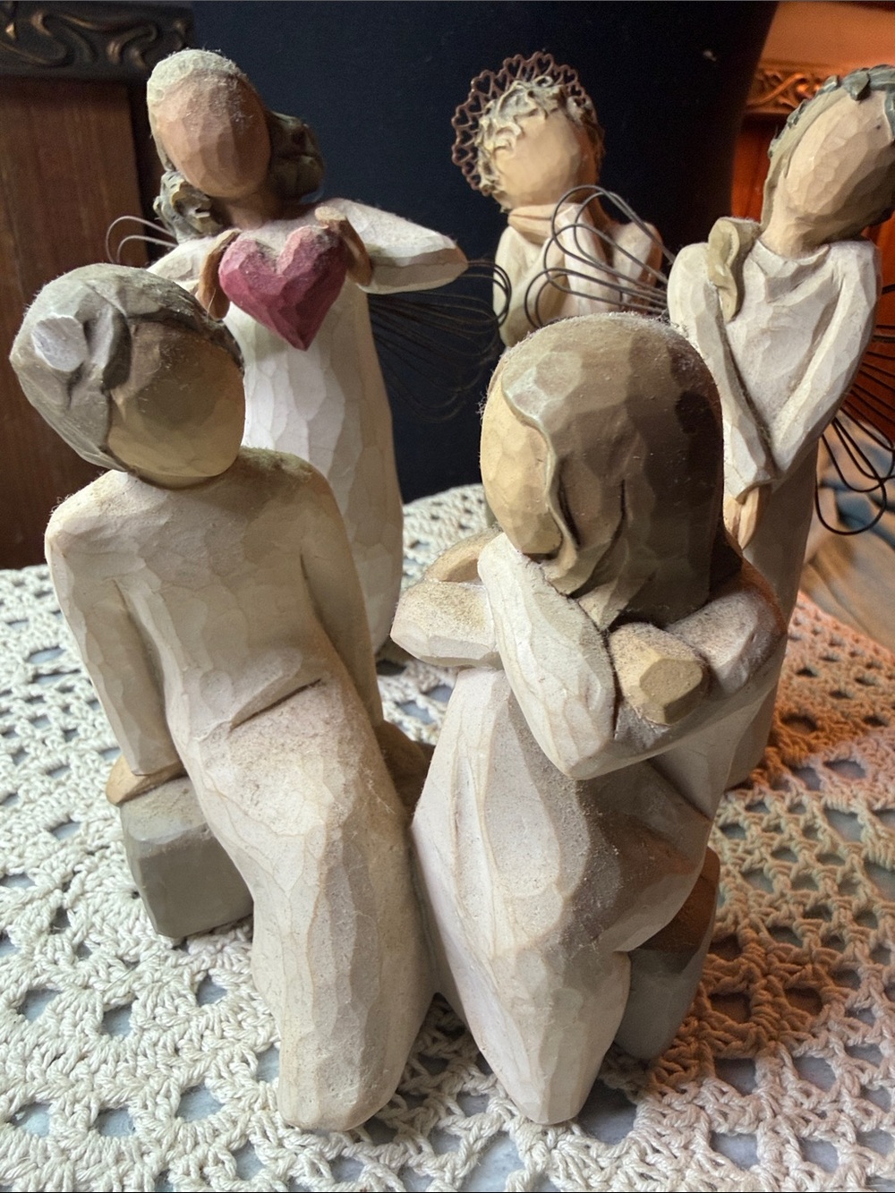 Willow Tree Beige Resin Angel and Figures Set with Pink Heart Accent